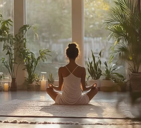 A woman seated in meditation, returning to herself